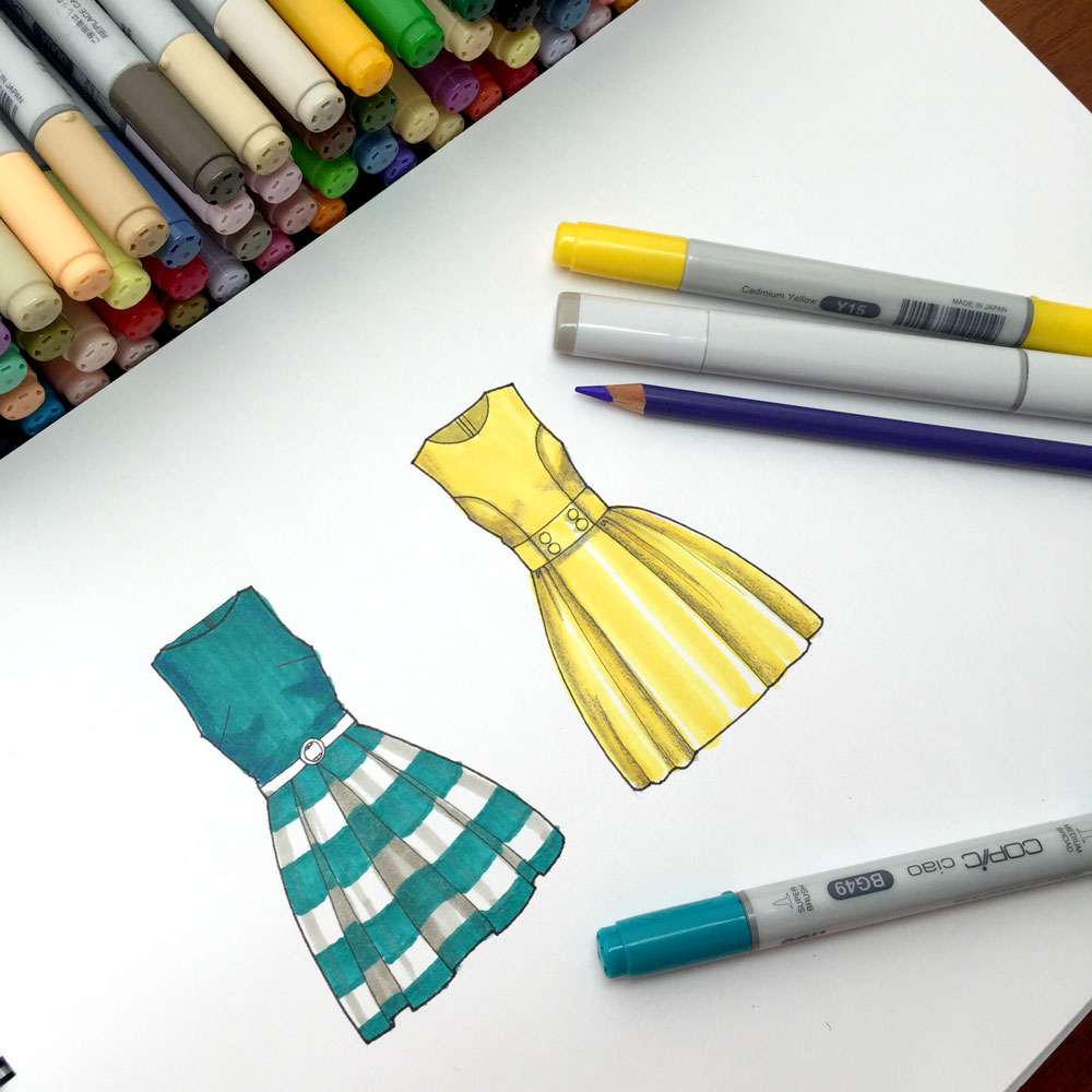 Cómo colorear vestidos con plumones o marcadores en figurines de moda